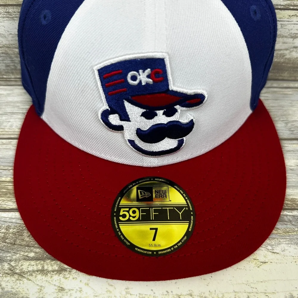 OKC 89ers Abner‎ New Era 59FIFTY MiLB Mens Fitted Hat Size 7 Red White Blue NEW